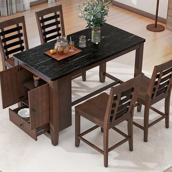 Counter Height 5-piece Dining Table Set with Faux Marble Tabletop, Solid Wood Table Set with Storage Cabinet and Drawer, Dark walnut