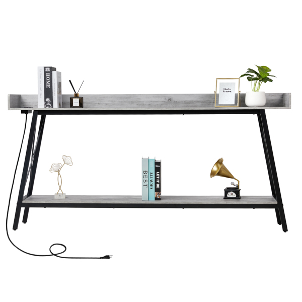 70.9 inch Extra Long Console Table with 2 Power Outlets & USB Ports, Rustic Industrial Sofa Table Behind Couch for Living Room, Narrow Entryway Hallway Long Bar Table, Gray