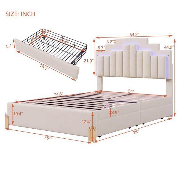 Full Size Upholstered Platform Bed with LED Lights and 4 Drawers, Stylish Irregular Metal Bed Legs Design, Beige