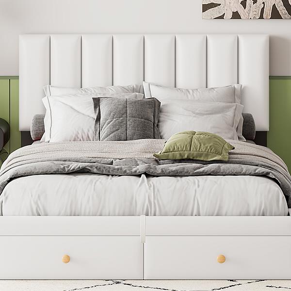 Full Size Upholstered Bed with Hydraulic Storage System and Drawer, White