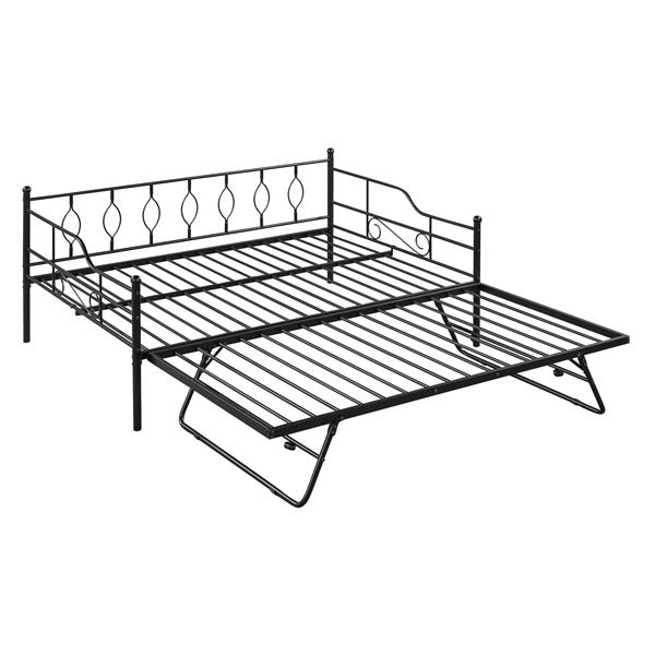 Full Size Metal Daybed with Twin Size Adjustable Trundle, Portable Folding Trundle, Black