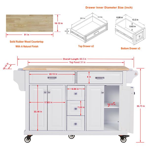 Kitchen Island with Rubber wood Countertop, Kitchen Cart on 5 Wheels with Storage Cabinet and 5 Drawers for Dinning Room, White