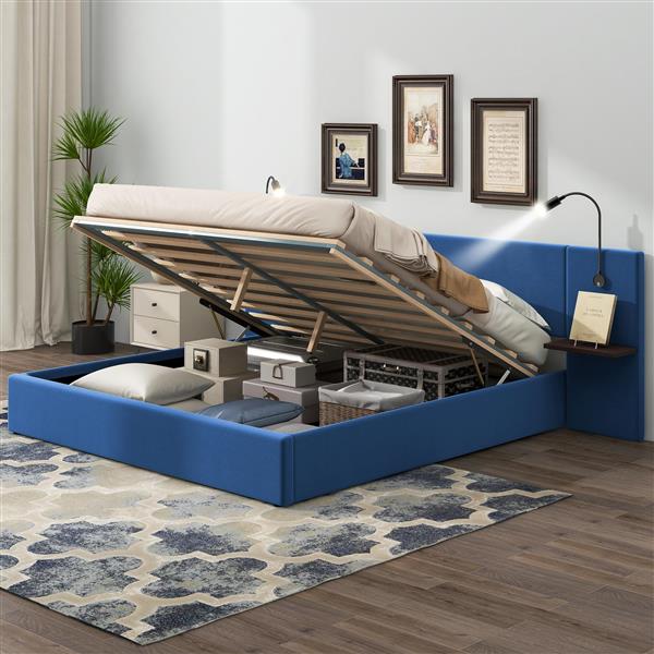 Queen Size Storage Upholstered Hydraulic Platform Bed with 2 Shelves, 2 Lights and USB, Blue