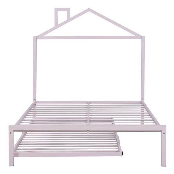 Full Size Metal Platform Bed with twin size trundle,House-Shaped Headboard Design, Pink