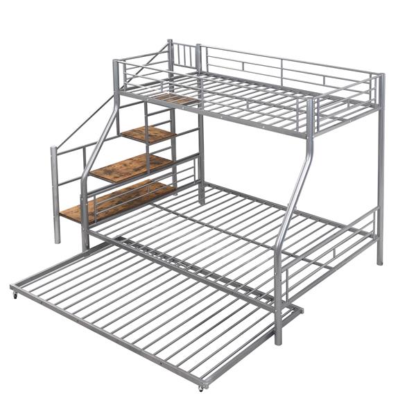 Twin over Full Size Metal Bunk Bed with Trundle and Storage Staircase, Silver