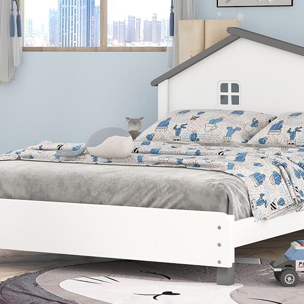 Full Size Wood Platform Bed with House-shaped Headboard  (White+Gray)