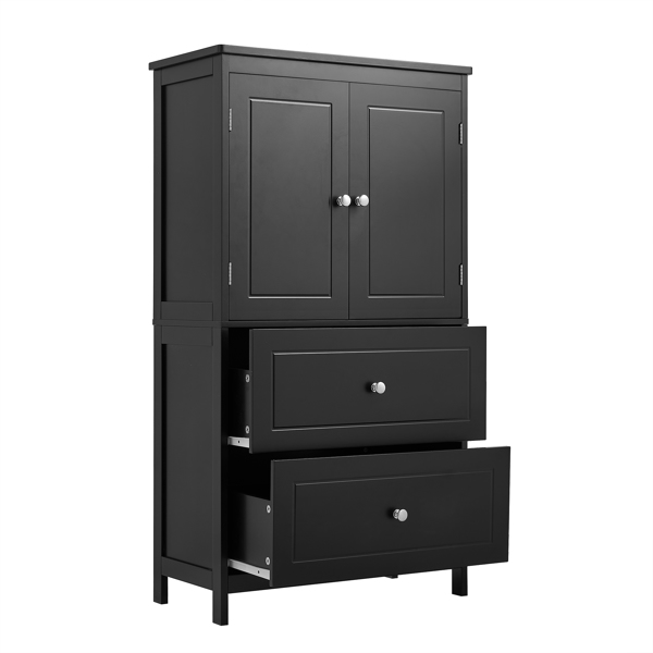 Bathroom Storage Cabinet, Cabinet with Two Doors and Drawers, Adjustable Shelf, MDF Board, Black 