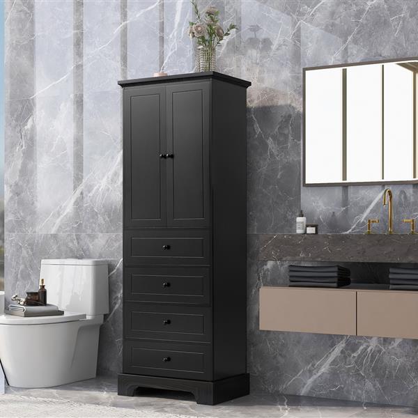 Storage Cabinet with 2 Doors and 4 Drawers for Bathroom, Office, Adjustable Shelf, MDF Board with Painted Finish, Black