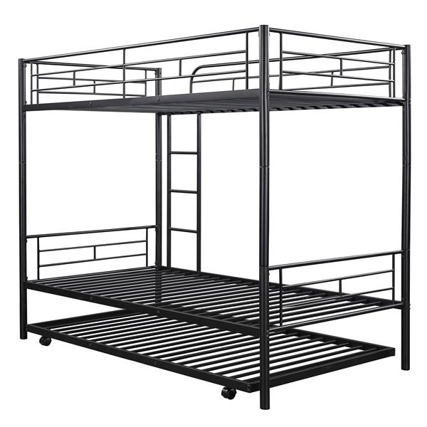 Twin-Over-Twin Metal Bunk Bed With Trundle,Can be Divided into two beds,No Box Spring needed ,Black