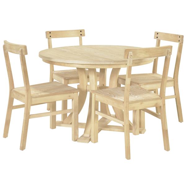 5-Piece Rustic Round Pedestal Extendable Dining Table Set with 15.7" Removable Leaf and Simple Dining Chirs for Small Places, Natural