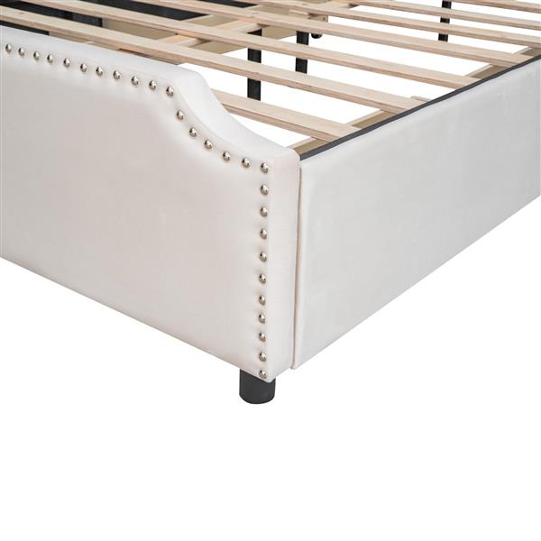 Upholstered Platform Bed with Stud Trim Headboard and Footboard and 4 Drawers No Box Spring Needed, Velvet Fabric, Queen Size (Beige)