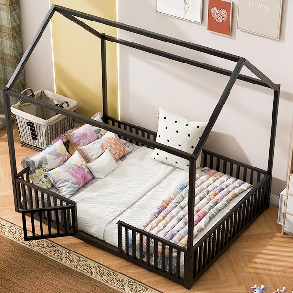 Full Size Metal House Bed with Fence and Door, Black