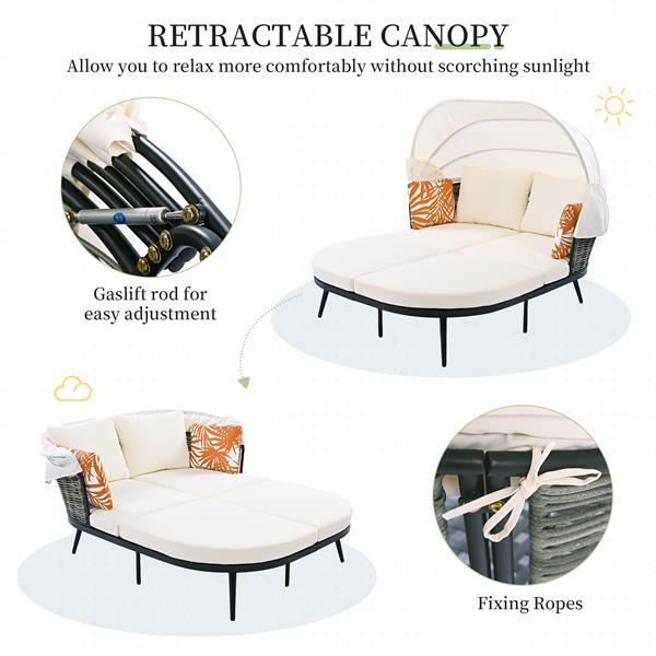 74.8" L Patio Daybed with Retractable Canopy, Outdoor Rattan PE Wicker Back Loveseat Sofa Set with Throw Pillows and Cushions for Backyard, Poolside, Garden, Beige