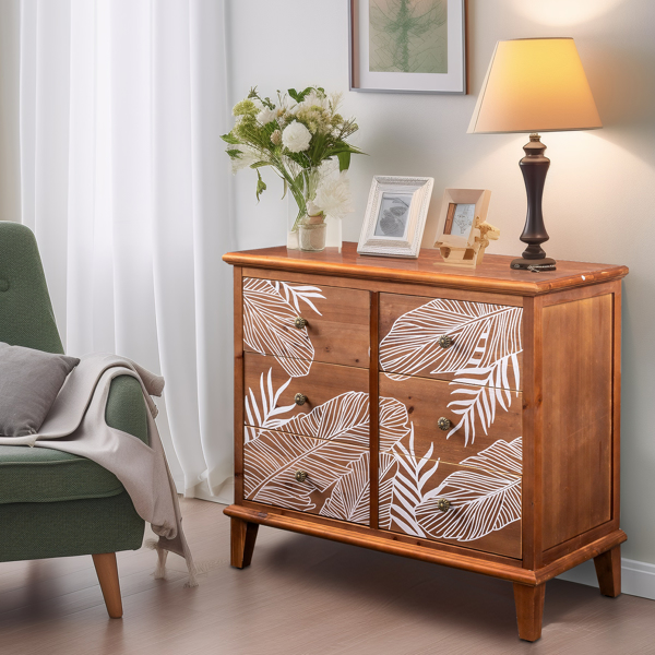 FCH Brown MDF Veneer + Solid Wood Frame 80*40*73cm 6-Drawer Chest Bohemia