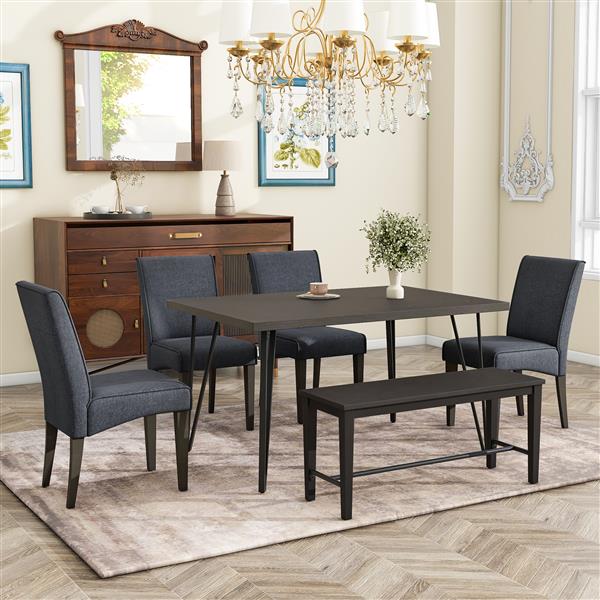 Modern 6-Piece Dining Table Set with V-Shape Metal Legs, Wood Kitchen Table Set with 4 Upholstered Chairs and Bench for 6,Espresso