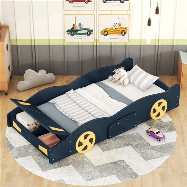 Twin Size Race Car-Shaped Platform Bed with Wheels and Storage, Dark Blue+Yellow