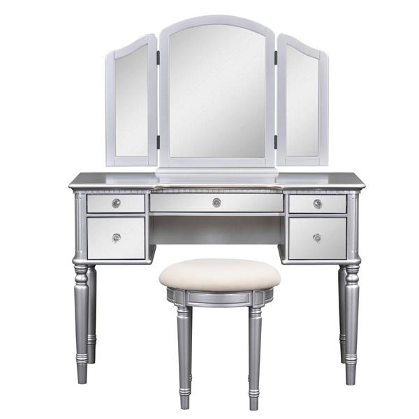 43" Dressing Table Set with Mirrored Drawers and Stool, Tri-fold Mirror, Makeup Vanity Set for Bedroom, Silver