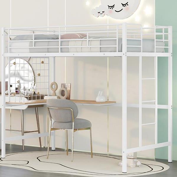 Twin Metal Loft Bed with Desk and Metal Grid,White