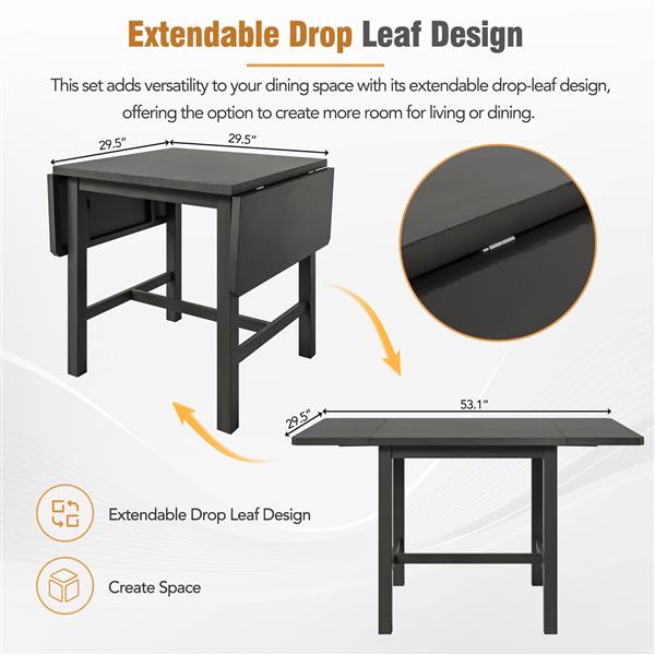 5-Piece Wood Square Drop Leaf Breakfast Nook Extendable Dining Table Set with 4 Ladder Back Chairs for Small Places, Gray