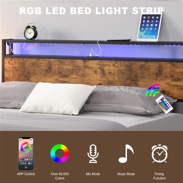 Industrial Queen Bed Frame with LED Lights and 2 USB Ports, Bed Frame Queen Size with Storage, Noise Free, No Box Spring Needed, Rustic Brown