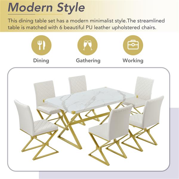 7-Piece Modern Dining Table Set, Rectangular Marble Texture Kitchen Table and 6 PU leather Chairs with X-Shaped ld Steel Pipe Legs for Dining Room (White)