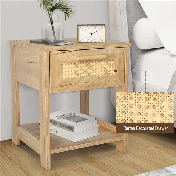 Nightstand Set of 2, 2 Drawer Dresser for Bedroom, Small Dresser with 2 Drawers and two open storage shelf, Bedside Furniture, Night Stand, End Table with rattan Design, Natural Color