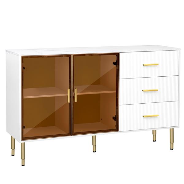 Modern Sideboard MDF Buffet Cabinet Marble Sticker Tabletop and Amber-yellow Tempered Glass Doors with Gold Metal Legs & Handles (White)