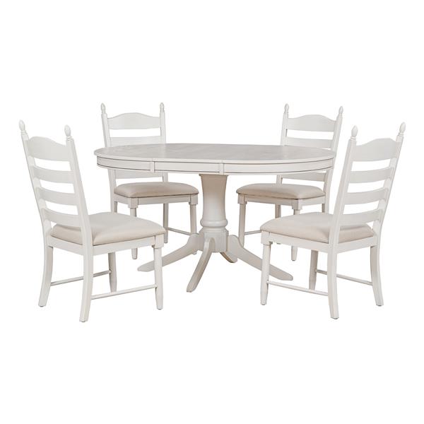 5-Piece Retro Functional Dining Table Set Wood Round Extendable Dining Table and 4 Upholstered Dining Chairs (Antique White)