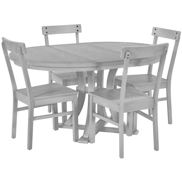 5-Piece Rustic Round Pedestal Extendable Dining Table Set with 15.7" Removable Leaf and Simple Dining Chirs for Small Places, Gray