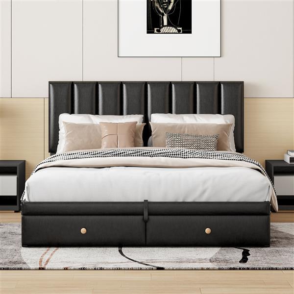 Queen Size Upholstered Bed with Hydraulic Storage System and Drawer, Black