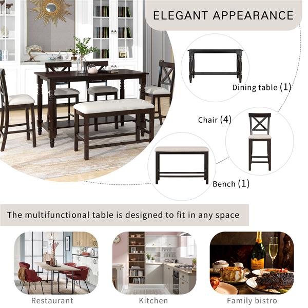 6-Piece Counter Height Dining Table Set Table with Shelf 4 Chairs and Bench for Dining Room (Espresso)