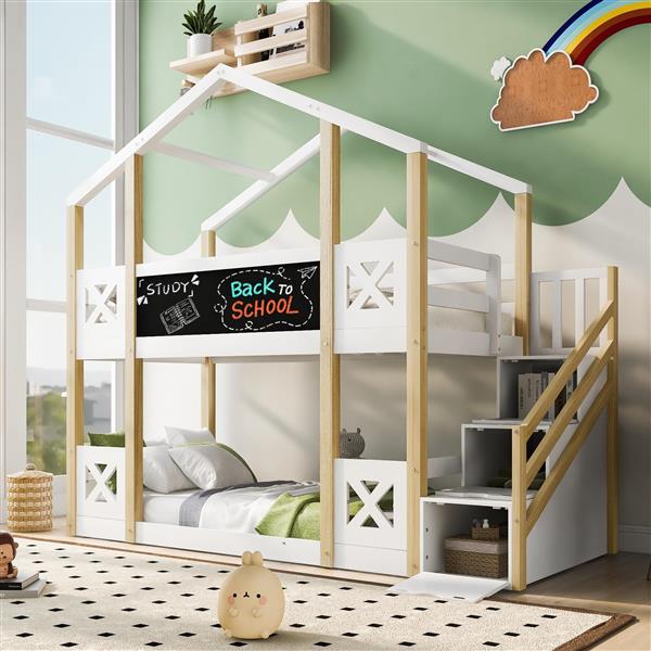 Twin over Twin House Bunk Bed with White Storage Staircase and Blackboards, White