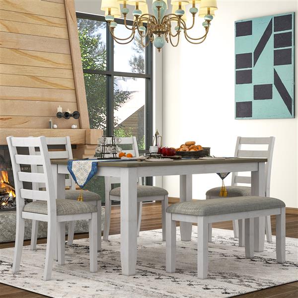 Rustic Style 6-Piece Dining Room Table Set with 4 Upholstered Chairs & a Bench (Brown + Whitewash)