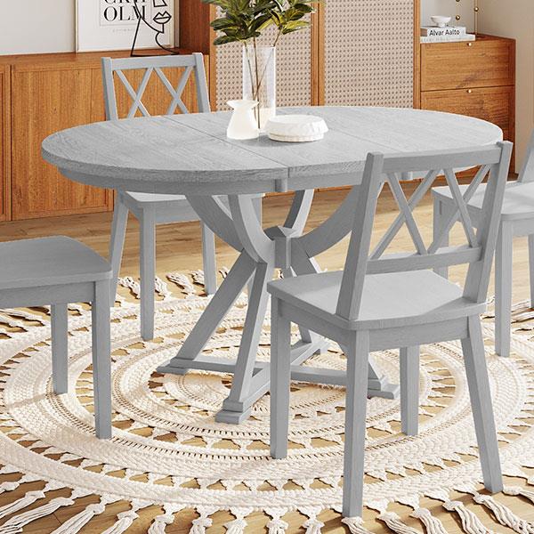 Mid-Century 5-Piece Extendable Round Dining Table Set with 15.7" Removable Leaf and 4 Cross Back Dining Chairs, Grey