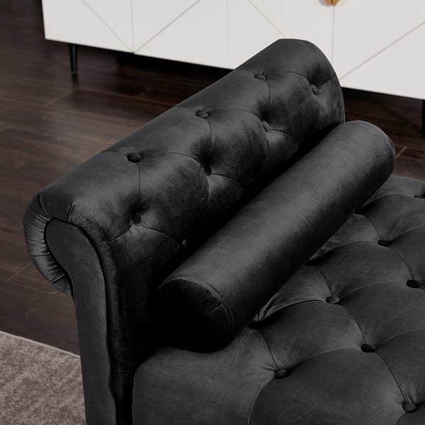 Black,  Solid Wood Legs Velvet Rectangular Sofa Bench with Attached Cylindrical Pillows 