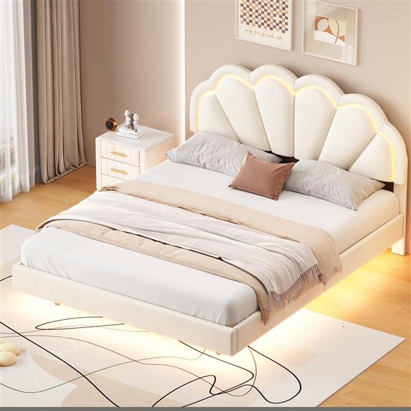 Queen Upholstered Smart LED Bed Frame with Elegant Flowers Headboard,Floating Velvet Platform LED Bed with Wooden Slats Support,Beige