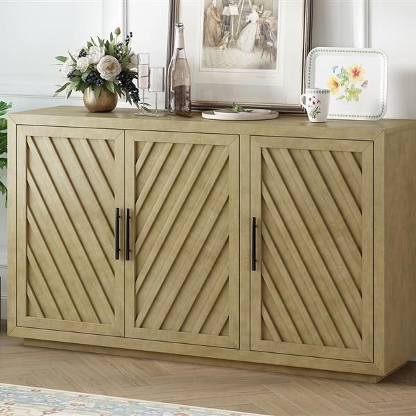 3-Door Large Storage Retro Sideboard with Adjustable Shelves and Black Handles for Kitchen, Dining Room and Living Room (Antique Natural)