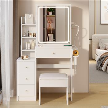 Small Space Left Bedside Cabinet Vanity Table + Cushioned Stool, 2 AC+2 USB Power Station, Hair dryer bracket, Extra Large Touch Control Sliding LED Mirror, Tri-color Switching, Brightness Adjustable