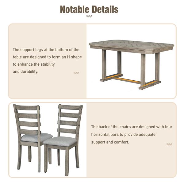 6-Piece Rubber Wood Dining Table Set with Beautiful Wood Grain Pattern Tabletop Solid Wood Veneer and Soft Cushion (Gray)