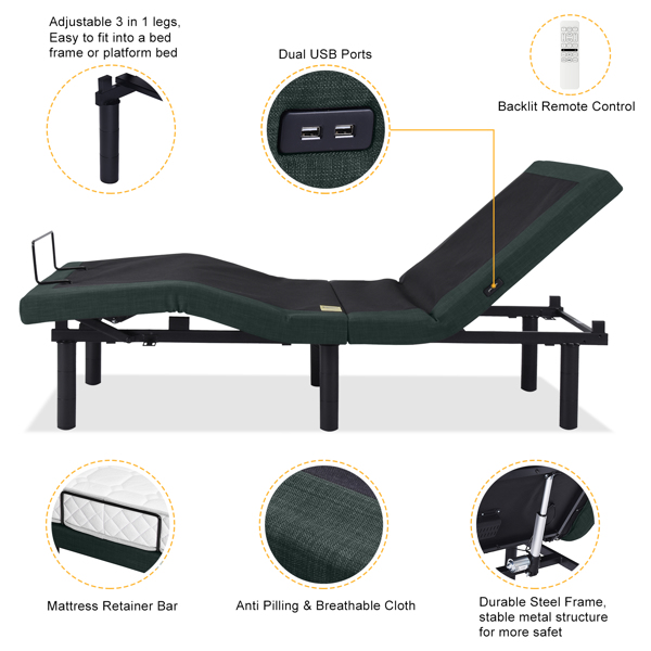 Queen dual motor adjustable foot strap APP control 4-point massage 2 USB 2 light straps wireless remote control electric lift bed