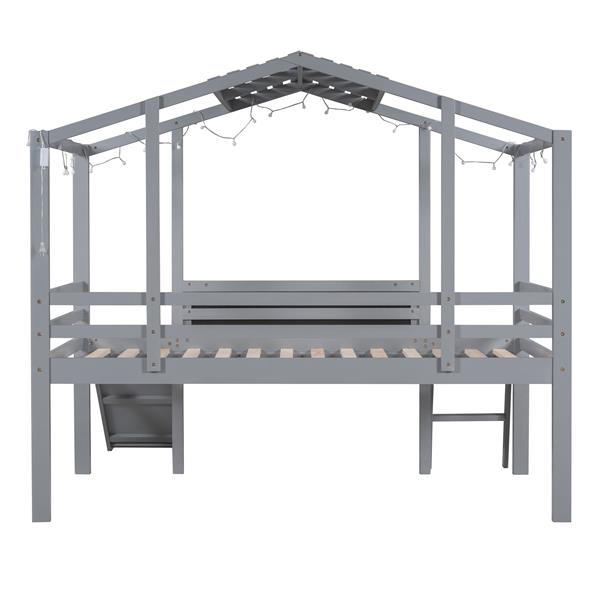 Twin Size Loft Bed with Ladder and Slide, House Bed with Blackboard and Light Strip on the Roof, Gray