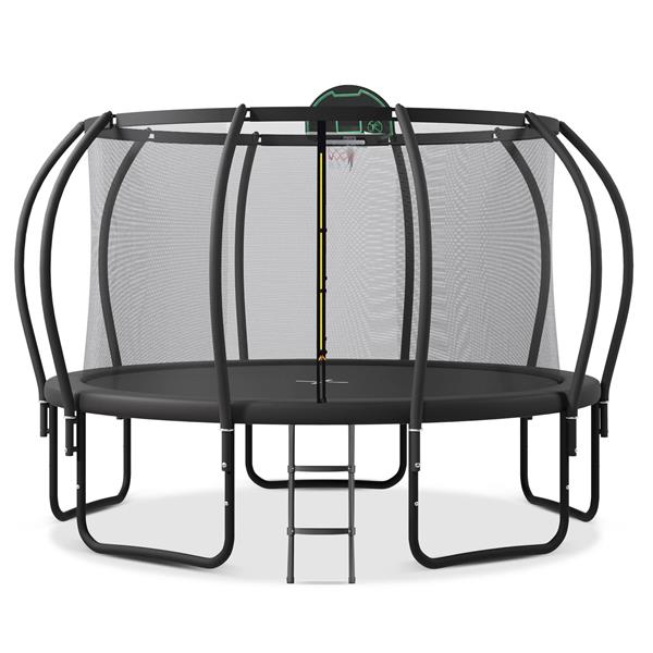 14FT Trampoline for Kids with Upgraded ArcPole and Composite TopLoop for Safety Enclosure, Plus Basketball Board and 10 Ground Stakes, Outdoor Recreational Playset Balance Physical Training Trampoline