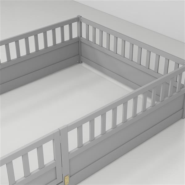 Full size  Floor bed, integral construction with super high security barrier, door, children's floor bed frame, Montessori wooden children's floor bed,  Grey