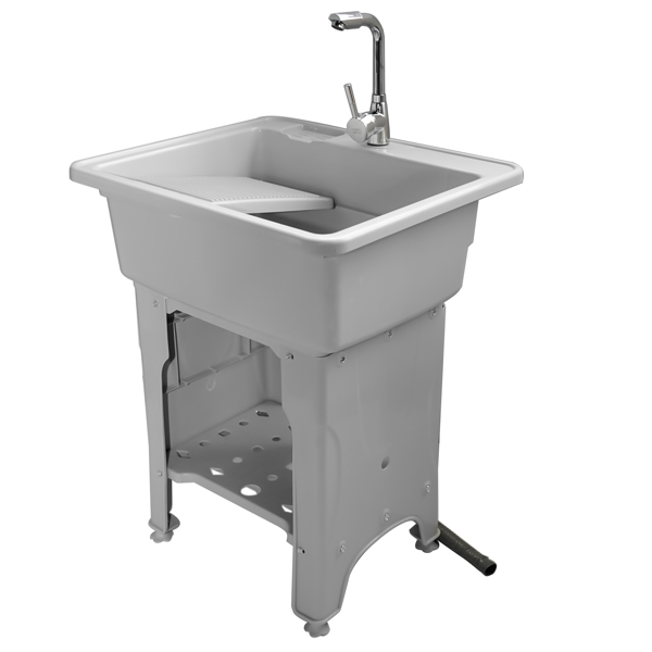 Grey Indoor Outdoor Freestanding Laundry Sink with Washboard, Faucet, Hoses Drain Kit