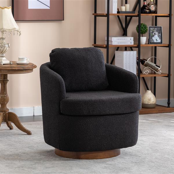 035-Boucle Fabric Swivel Chair With Soild Wood Round Brown Base Leg,Black