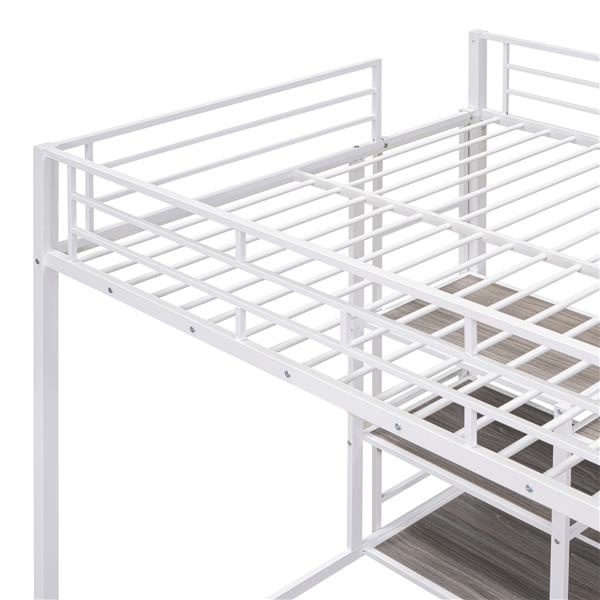 Full Size Loft Bed with Desk and Whiteboard, Metal Loft Bed with 3 Shelves and Ladder, White