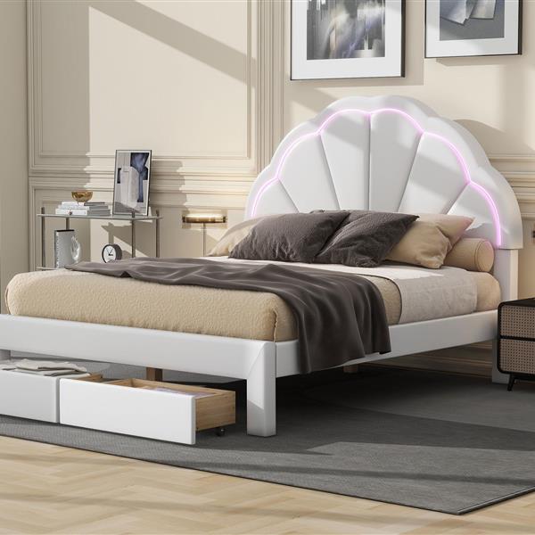 Full Size Upholstered Platform Bed with Seashell Shaped Headboard, LED and 2 Drawers, White