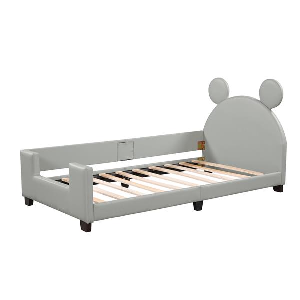 Twin Size Upholstered Daybed with Carton Ears Shaped Headboard, Grey