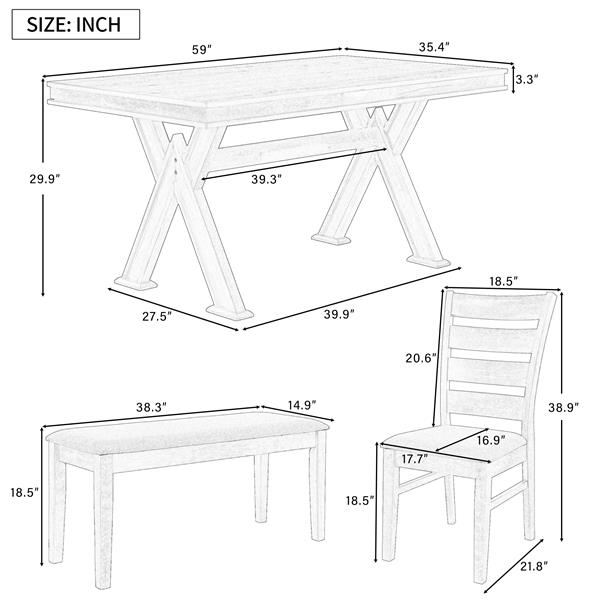 6-Piece Retro 59"L Rectangular Dining Table Set, Table with Unique Legs and 4 Upholstered Chairs & 1 Bench for Dining Room and Kitchen (Natural Wood Wash)