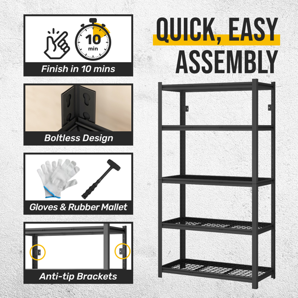 5-Tier  Adjustable Metal Shelving Unit ,Heavy Duty Garage Shelving,Storage Racks,Industrial Utility Shelf,39.4" W x 18 "D x 72''H, Black for Garage, Basement, Warehouse, Workshop,kitchen and so on.